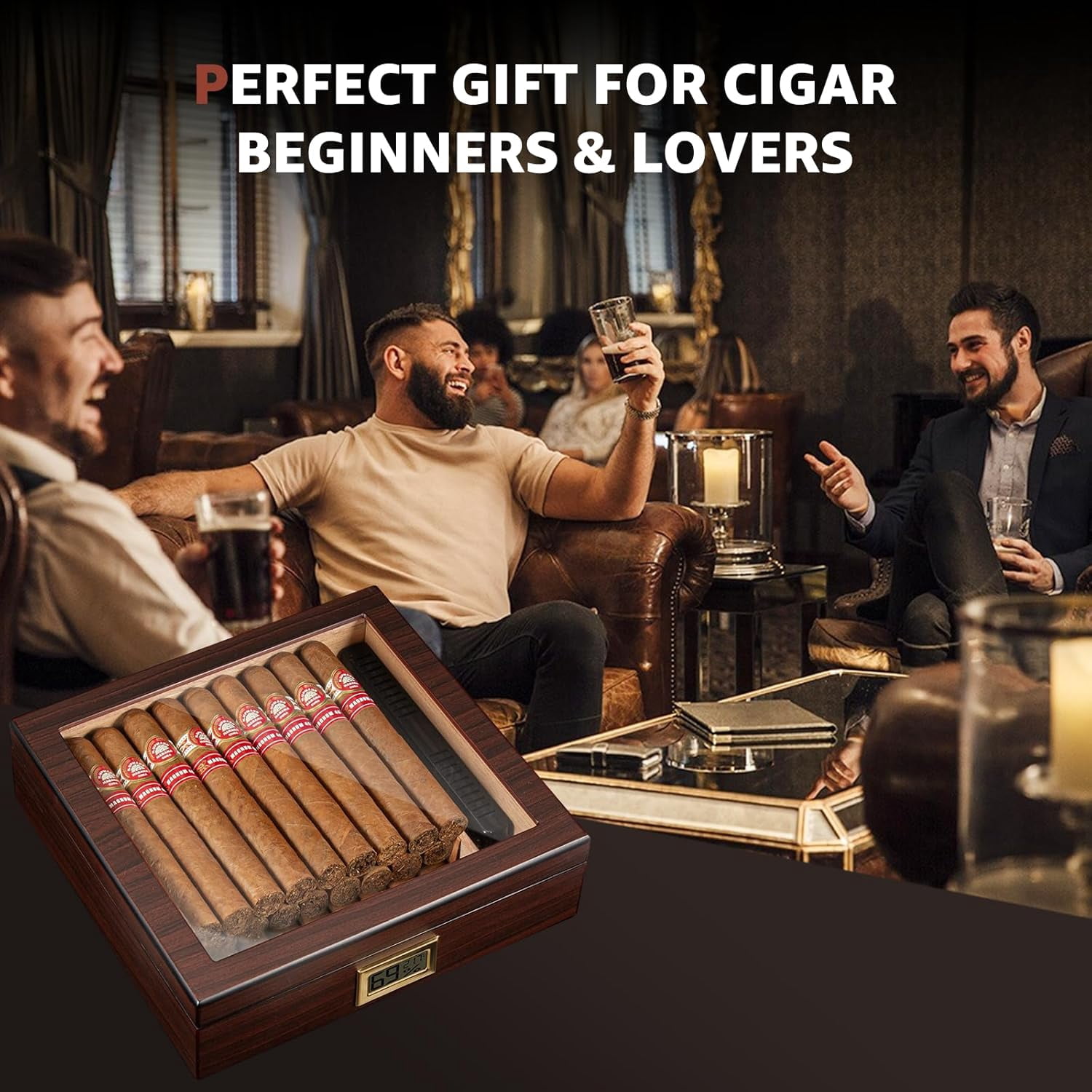 MY Cigar Humidor, Spanish Cedar Wood Humidor with Accurate Digital Hygrometer, Humidifier, Divider, Handcrafted Cigar Humidor Box Holds 40-60 Cigars, Gift for Cigar Lovers