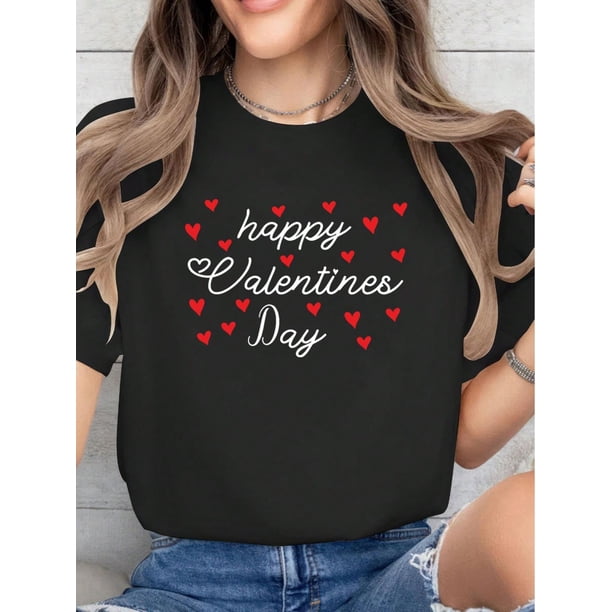 Camiseta con estampado "Feliz Día de San Valentín", informal, cómoda, de manga corta y cuello redondo para primavera y verano, ropa de mujer, camiseta deportiva de ocio.
