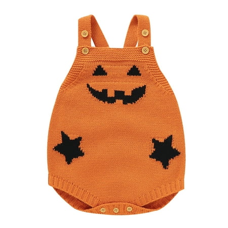 

Yoryorlue Newborn Infant Baby Girls Boys Strap Halloween Outfits Sleeveless Pumpkin Romper Knitted Sweater Bodysuit Jumpsuit