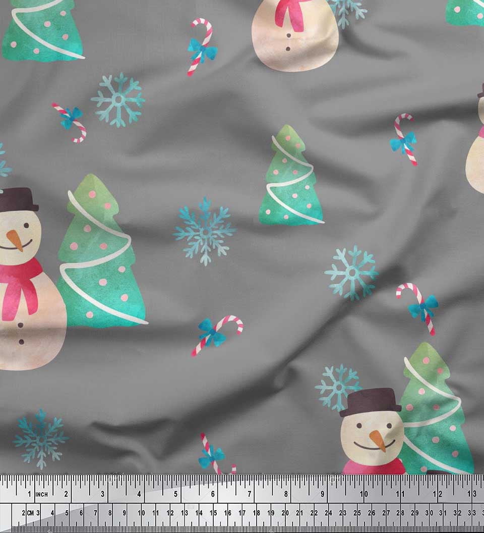 Soimoi Grey Cotton Cambric Fabric Snowman & Tree Christmas Decor Fabric Printed Yard 56 Inch Wide