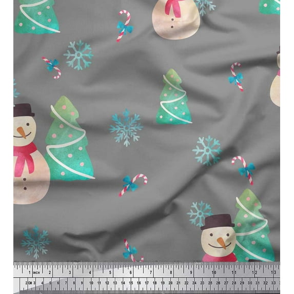 Soimoi Grey Cotton Cambric Fabric Snowman & Tree Christmas Print Sewing Fabric Yard 42 Inch Wide