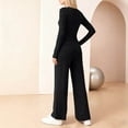thumbnail image 5 of Women's 2PC Outfit Set Long Sleeve Square Neck Silm Pullover Shirt Elastic Waist Wide Leg Pants Solid Loungewear Suit with Pockets Black L, 5 of 6