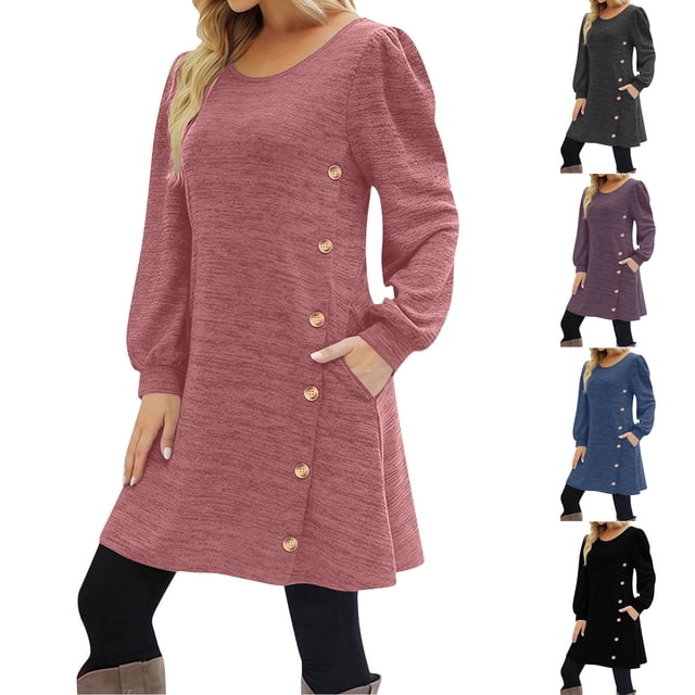 IFNWSV Robes Grande Taille, Robe Ample à Manches Longues à Col Rond avec Boutons et Poche, Style Décontracté et Tendance pour le Magasinage Quotidien en Plein Air, Robes d'Été pour Femmes Noir m