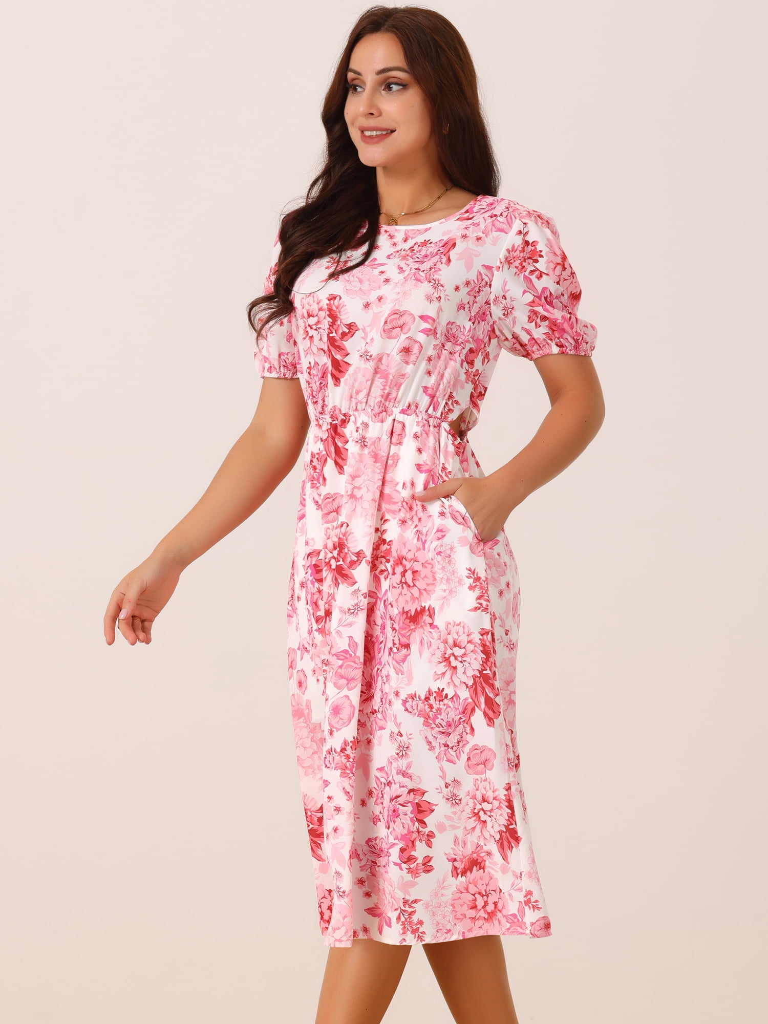 DARING DIVA Women's Puff Sleeve Cutout Waist Midi Floral Dress with Pockets L Pink
