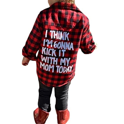 Toddler Baby Boys Girls Flannel Plaid Shirt Long Sleeve Lepel Button Down Back Letters Print Shacket Coat Top (Red Kick It with Mom,3-4 Years)