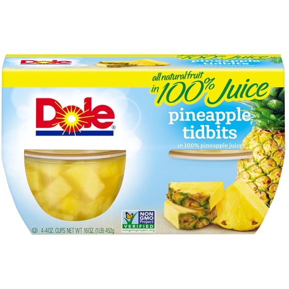 Dole Fruit Bowls Pineapple Tidbits in 100% Fruit Juice, 4 oz (4 Cups)
