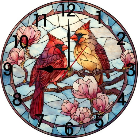 Soliyoahee Red Cardinal Bird Wall Clock 10inch Wooden Round Bathroom Decorative Clock Silent No Ticking Battery Operatedfor Bathroom Kitchen Living Room Bedroom Wall Decor (Style 4)