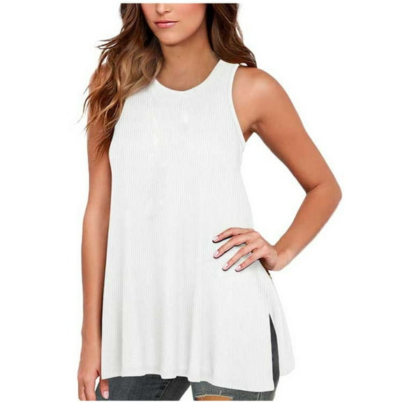Womens Sleeveless Active Tank Tops O Neck Ruffle Loose Tunic Blouse Long Solid Color Shirt White,XL