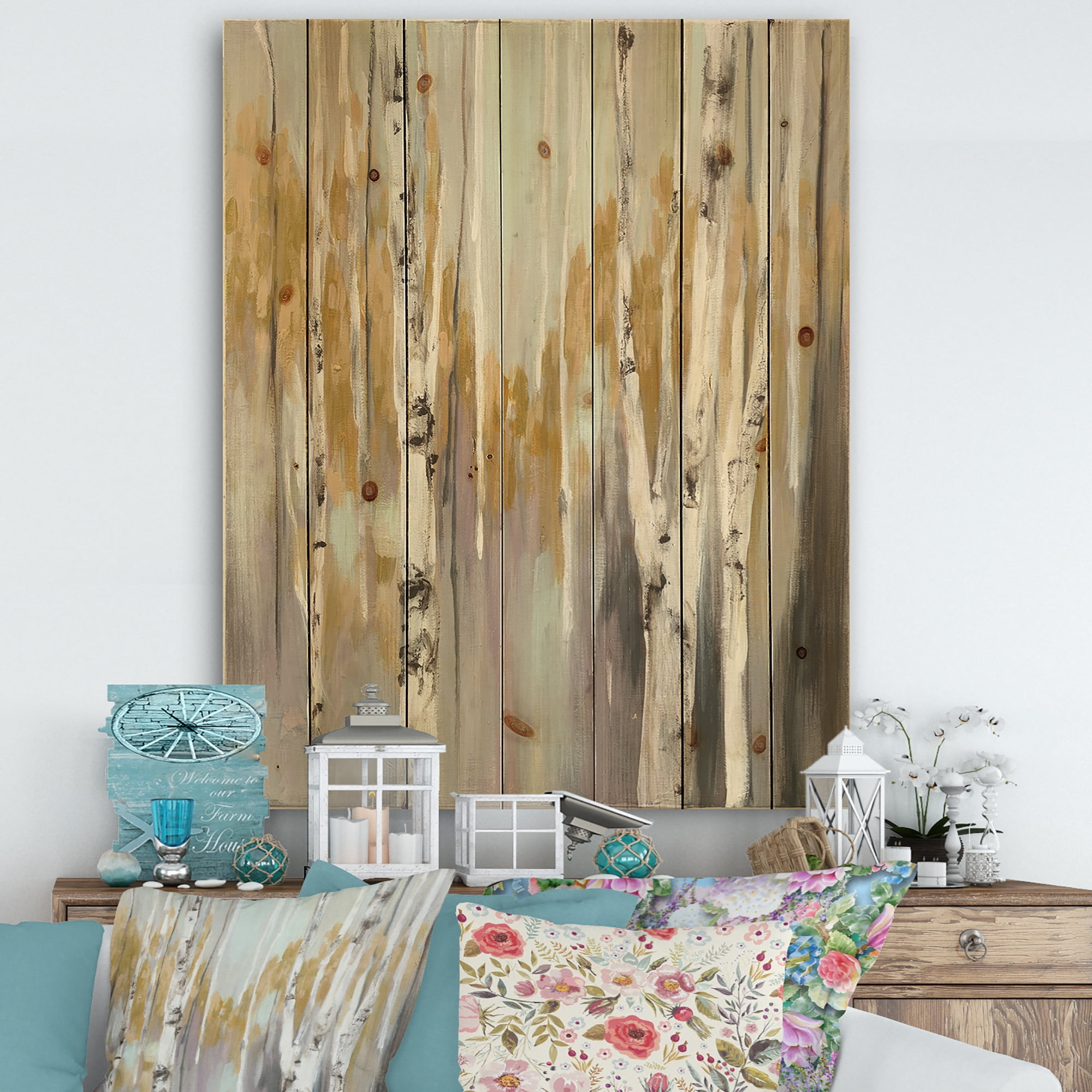 Designart 'Yellow and Silver Birch Forest I' Cottage Print on Natural Pine Wood