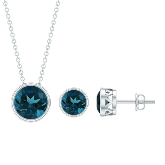 Rosec Jewels Natural London Blue Topaz Jewelry Set for Women - AAA Quality - Bezel Set Necklace and Earrings Set - Ready to Gift, 925 Sterling Silver