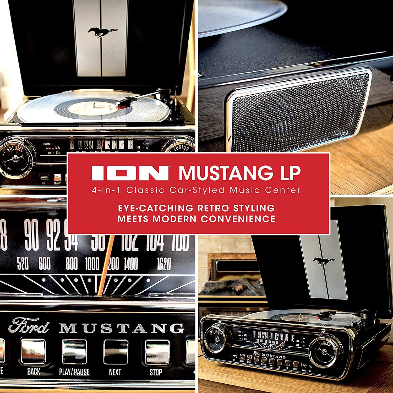 ION IT69BK Mustang LP 4-In-1 Classic Car-Styled Music Center