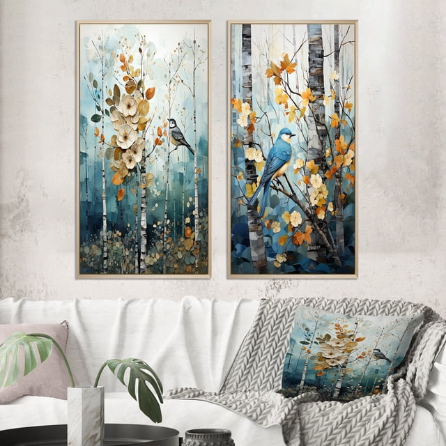 Designart "Birch Woods captivate Forest II" Tree Birch Framed Wall Art Set Of 2 - Blue Floral Framed Canvas Set For Living Room Decor