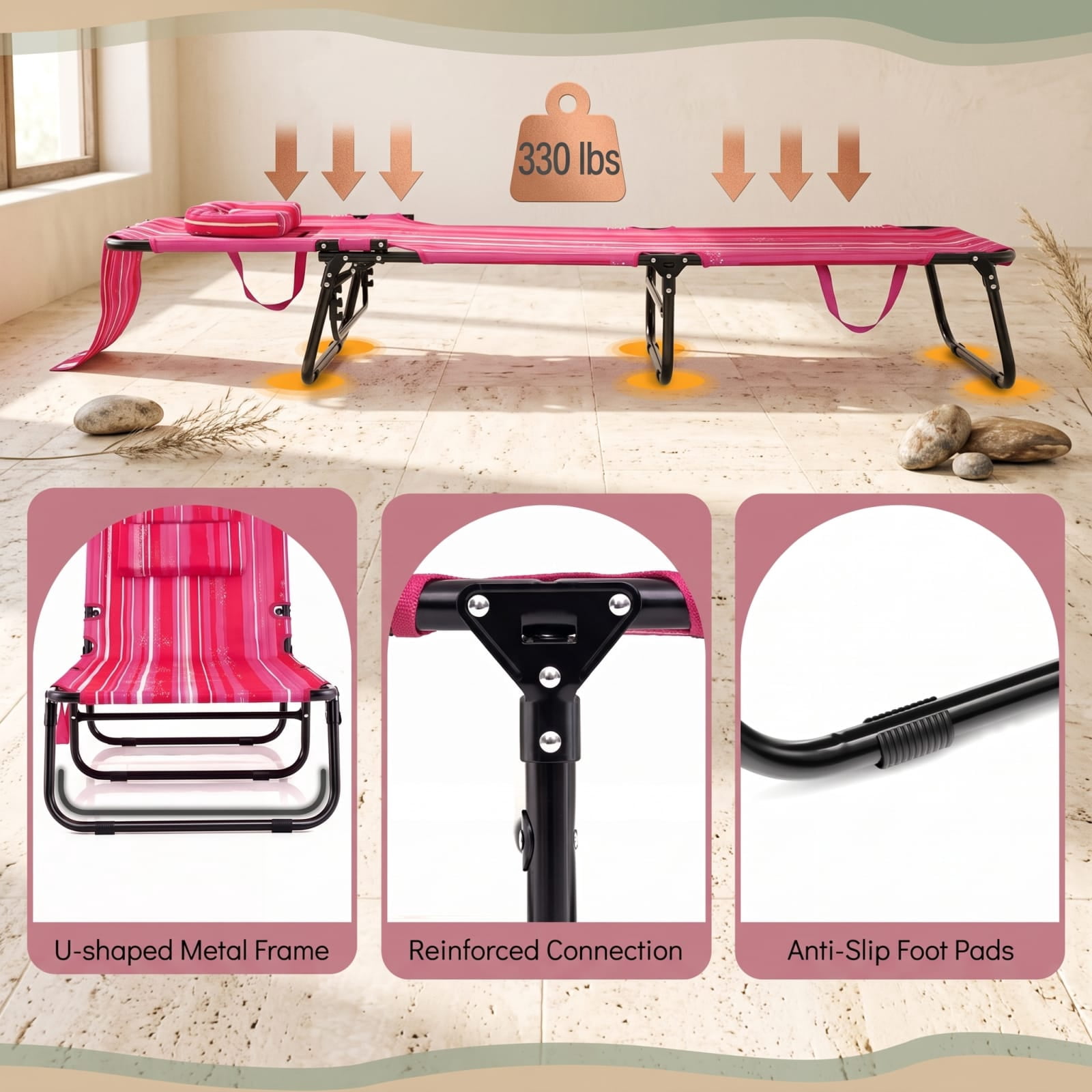 Furnibear Pink Stripe Folding Patio Chair Metal for Porch Deck Balcony Holds 330 lbs Weather-Resistant Outdoor Furniture