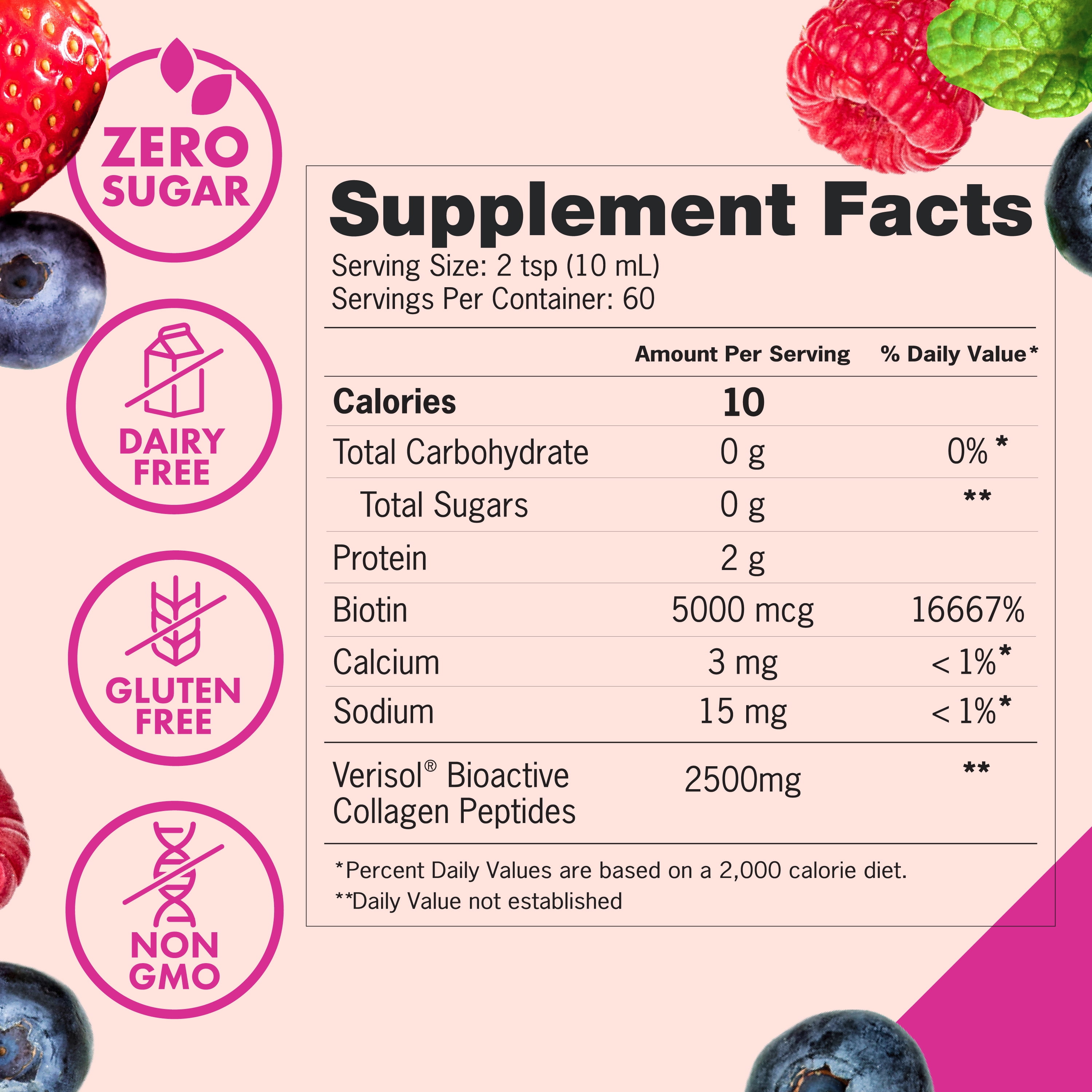Zena Nutrition Liquid Collagen & Biotin, Mixed Berry, 20.3 Fluid Ounces, 60 Servings for 2 Months