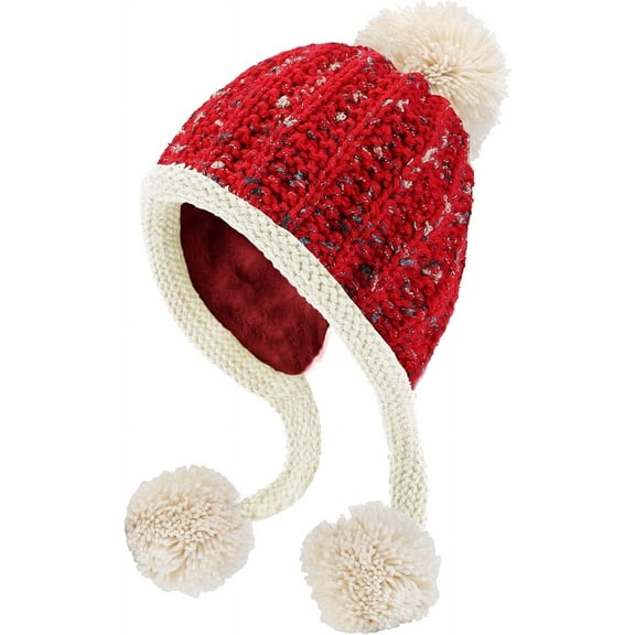 Women Winter Peruvian Cover Ears Beanie Hat Ear Flaps Sherpa Ski Snow Hats Knit Fleece Lined 3 Pom Pom