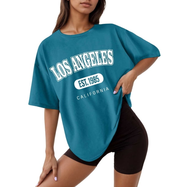 Camiseta holgada de manga corta y cuello redondo con estampado informal para mujer
