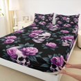 thumbnail image 4 of Homewish Gothic Halloween Skull Queen Sheets,Purple Rose Leaf Print Queen Sheet Sets,Black Lavender,4-Piece,1 Flat Sheet,1 Fitted Sheet and 2 Pillowcases, 4 of 6