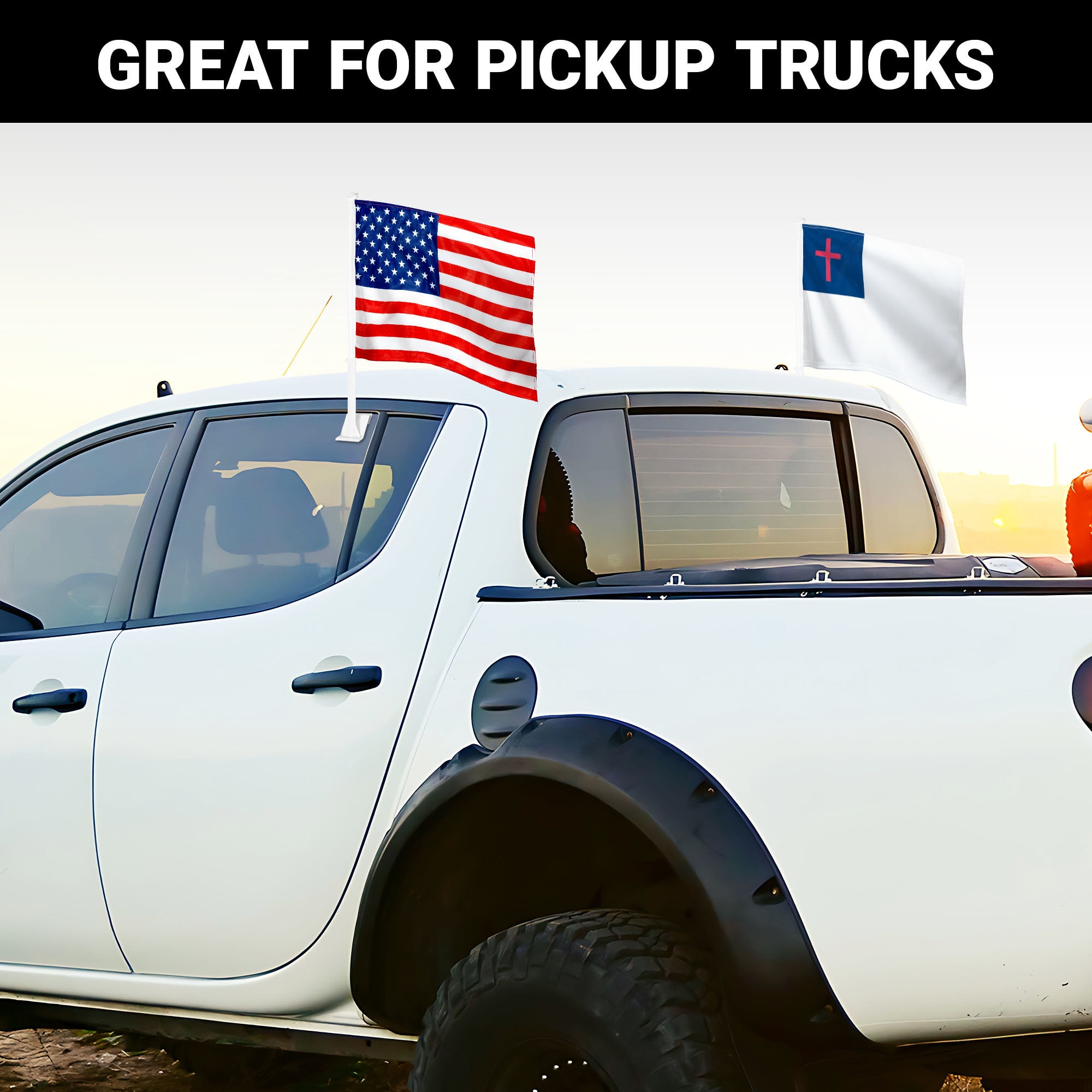G128 Combo Pack: American USA Car Flag & Christian Religious Car Flag 11x17 In | Both Double Sided Printed 150D Polyester | Flagpole Included | Perfect for Festival Celebrations, Parades