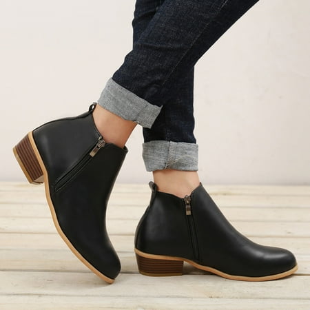 

jsaierl Women s Classic Ankle Boots Slip on Chunky Heel Boots Comfort Leather Platform Booties