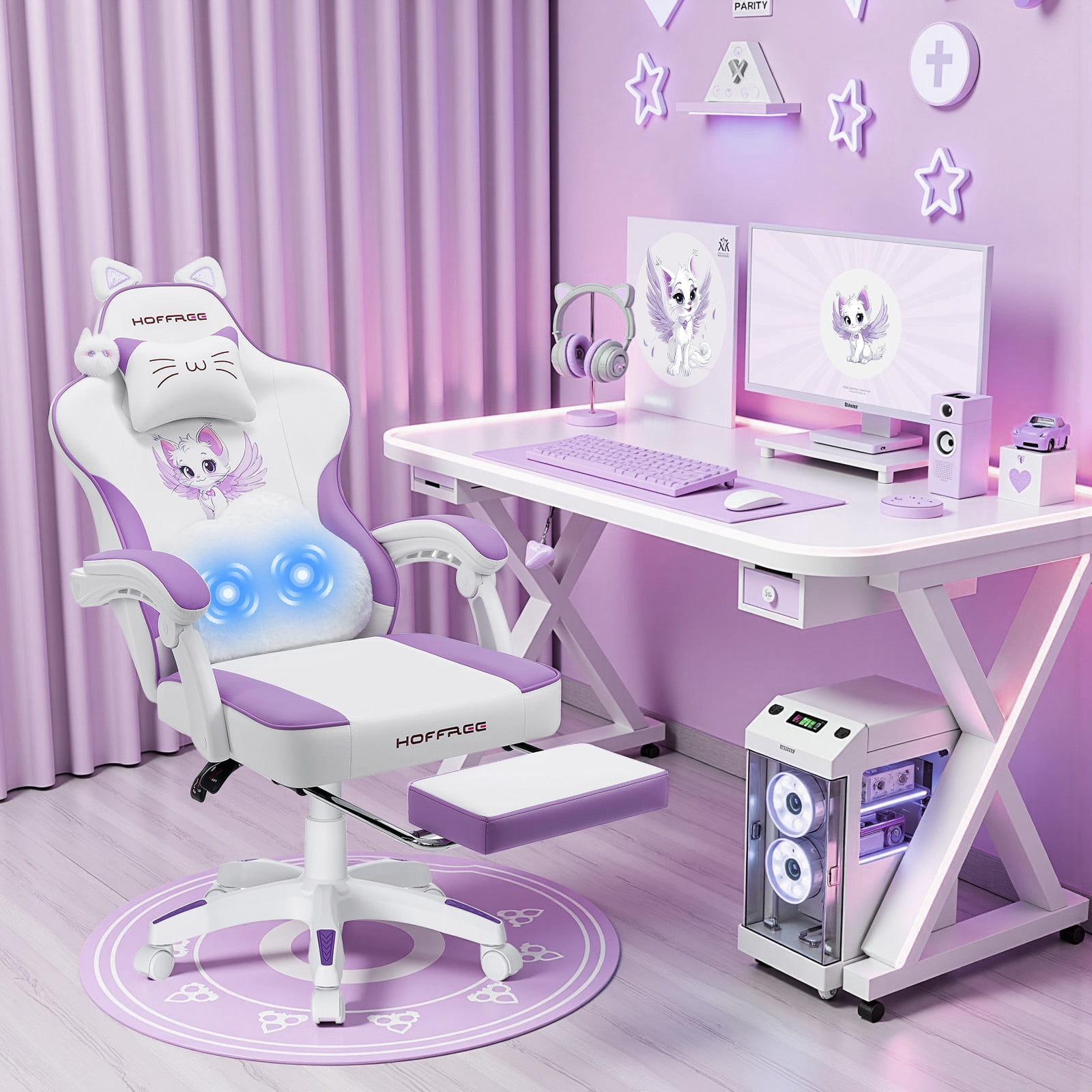 HOFFREE Gaming Chair for Girls with Cat Ears and Cloud Massage Lumbar Cute Computer Chair with Footrest Comfortable Reclining Game Chairs for Adults Teens Women Purple and White