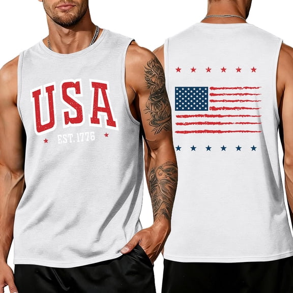 LNZGNM Mens 250 Anniversary USA Tank Tops Plus Size American Flag Sleeveless Shirt Muscle Graphic Tank Tops Athletic Parade Tee Shirts,White 4XL