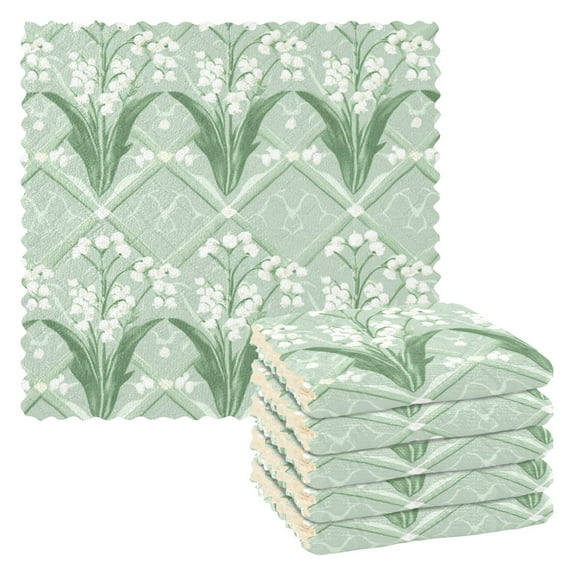 6PCS Dish Towels and Dish Cloths Reuseable Dishcloths Sets for Washing Dishes, Cooking, Baking Size 11" x 11" Light Green and White Lily