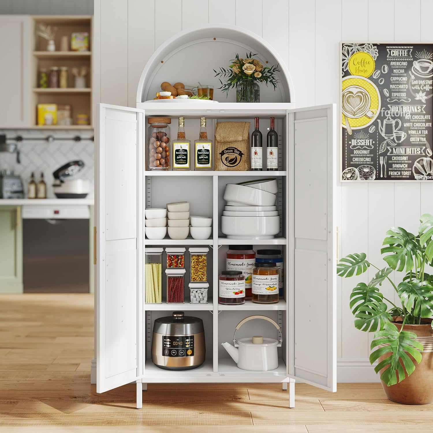 Metal Arched Kitchen Pantry Cabinet with 4 Adjustable Shelves, Farmhouse Arched Cabinet with 2 Doors for Kitchen,Bedroom,Living Room,White, Assemble Required,13.8" D x 27.6" W x 66.9" H