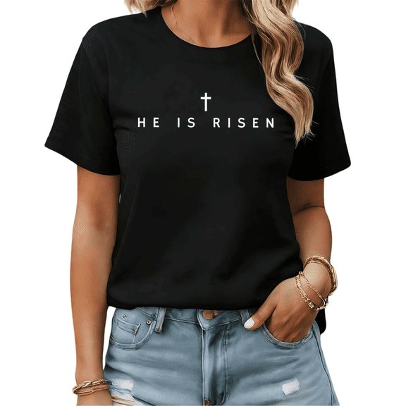 He Is Risen Minimalist Cross Easter Graphic Tees Womans Tshirt Shirts Black S-5XL Tops