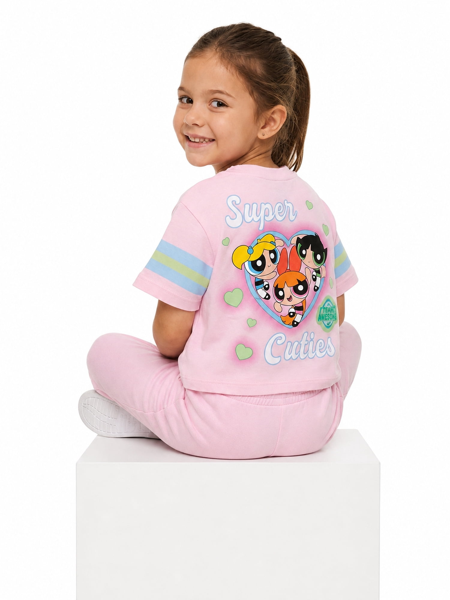 Powerpuff Girls Girls' Athletic Front & Back T-shirt with Embroidery & Straight Leg Fleece Pants, 2-Piece, Sizes 4-16
