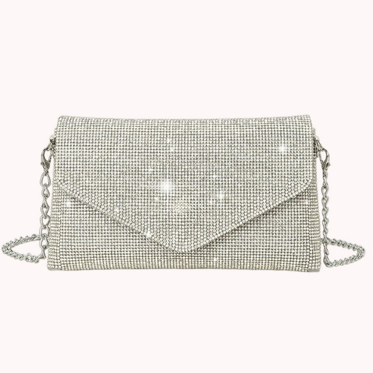 QLBO Silver Purse Rhinestone Purse Silver Clutch Sparkly Purse Silver Bag  10.2×0.4×6.69(Silver): Handbags