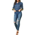 thumbnail image 3 of MODA NOVA Juniors Leopard Button up Long Sleeves Short Denim Shirt with Pockets Dark Blue XS, 3 of 7