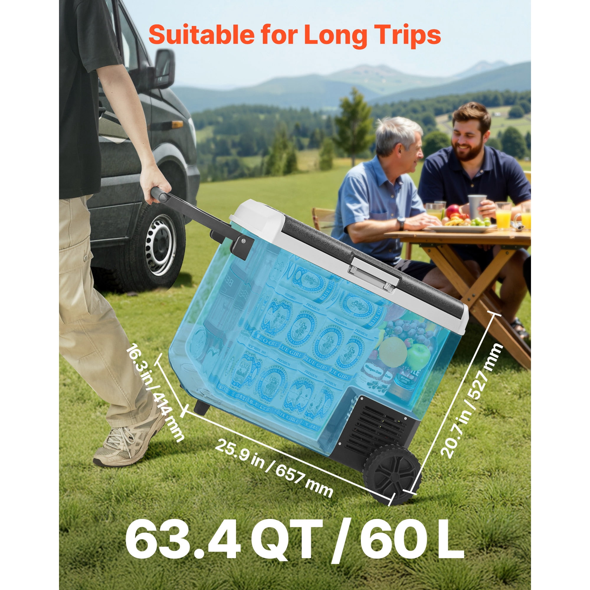KFFKFF 12 Volt Car Refrigerator with Wheels, 63.4QT/60L Portable Fridge,Car Freezer Compressor Cooler -4℉~68℉,Freezer Fridge Cooler for RV,Camping