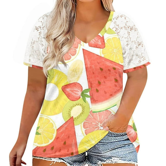 Débardeurs Grande Taille pour Femmes Hauts en Dentelle pour Femmes Été Blouses Patchwork Imprimées Amples Grande Taille Col en V Manches Courtes T-Shirts Col en V Femmes en Solde