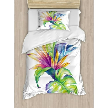 Ambesonne Plant Duvet Cover Set, Tropical Leaves and Monstera Abstract Color Scheme Hawaiian Floral Elements, Decorative 2 Piece Bedding Set with 1 Pillow Sham, Twin Size, White Green Twin White Green