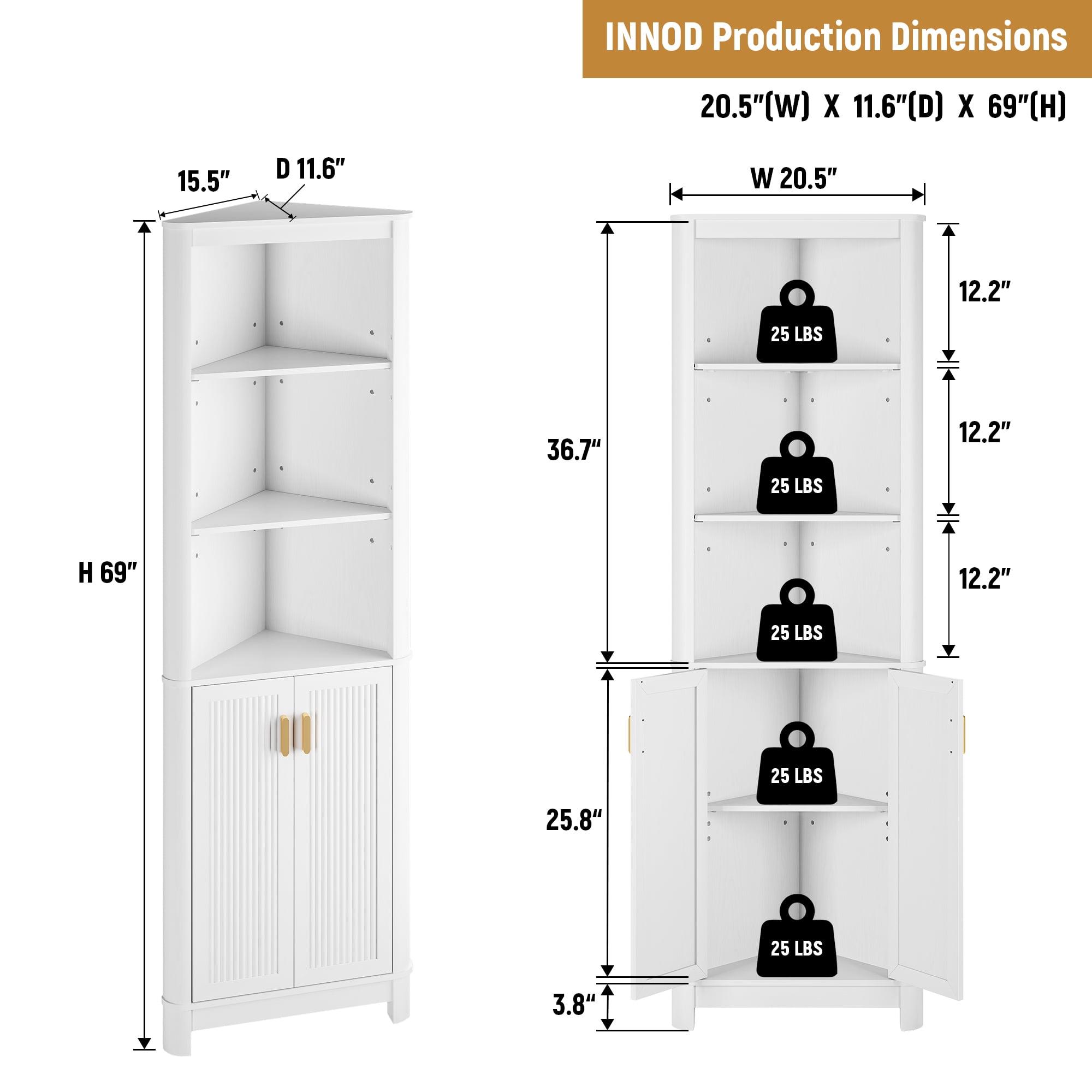 68" Tall Fluted Corner Cabinet for Bathroom, Modern Living Room & Kitchen - 5 Adjustable Shelves, Space-Saving Storage, Curved Profile Design White