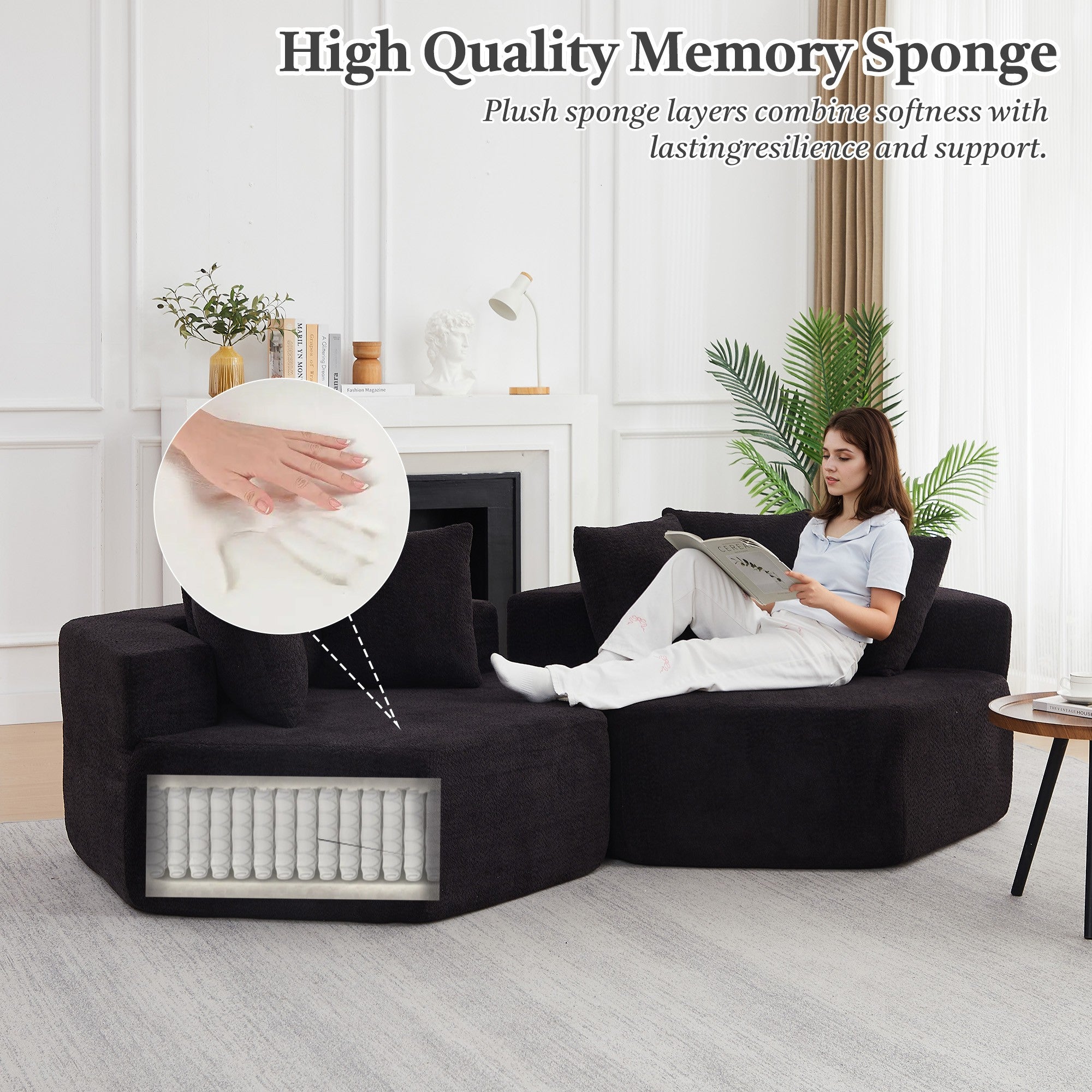 Sailvan 2PCS 54" Modern Hexagonal Modular Lounge Chair, Chenille Circular Sofa with Pillows, Modular Seating for Living Room & Bedroom Black
