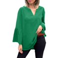 thumbnail image 2 of Women's Plus Size Cotton Linen Tunic, Long Sleeve V Neck Blouse with Flare Sleeve, Solid Color Loose Fit Top for Spring Summer Beach Casual Wear and Vacation Outfits Green L, 2 of 7