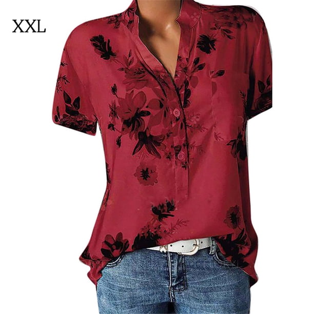 Sonducket Camisa de manga corta con cuello en V y botones estampados para mujer Prendas para la parte del cuerpo Rojo XXL