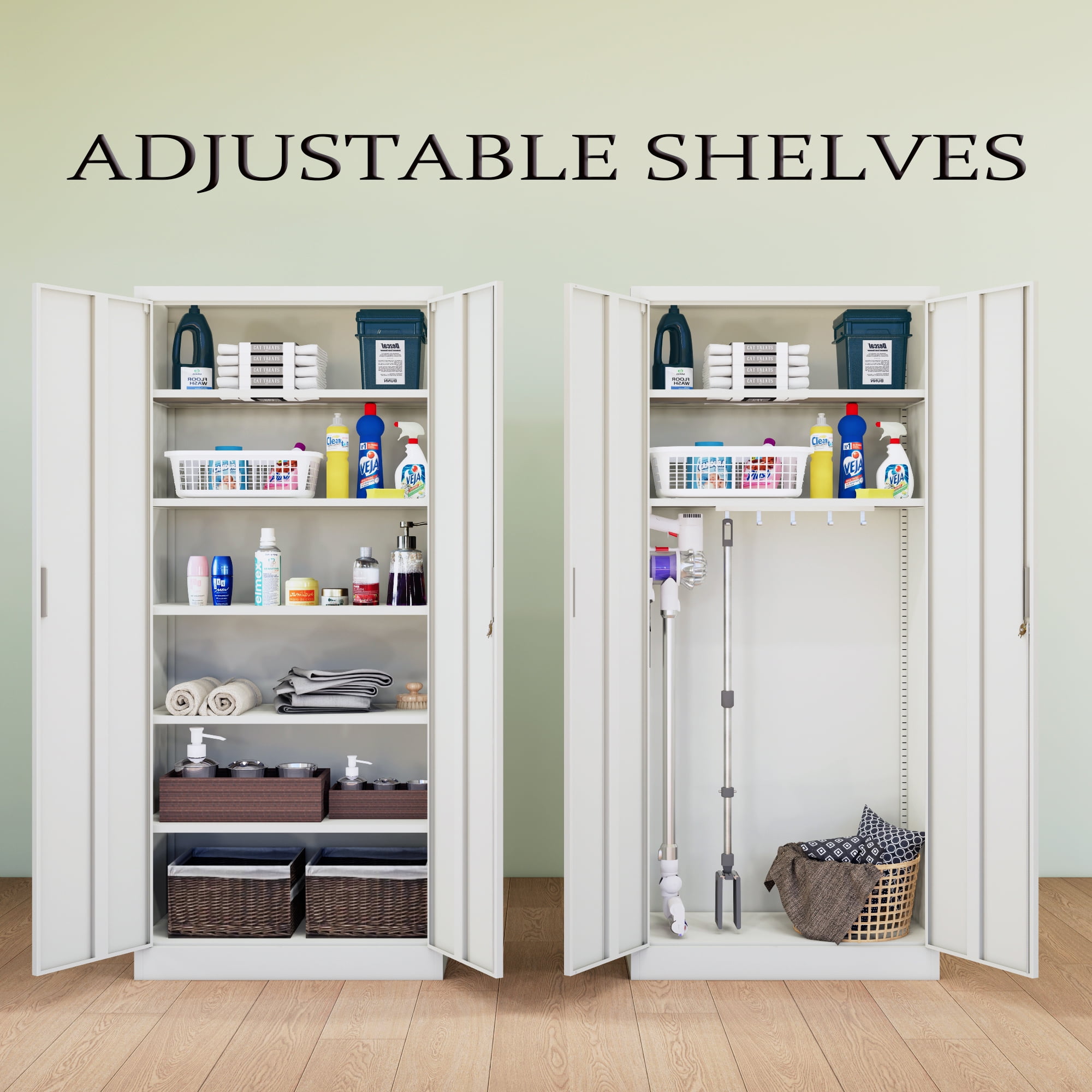 Metal Storage Cabinet, 71" H Locking Cabinet with 5 Adjustable Shelves, Garage Cabinet for Office, Home, Pantry-White