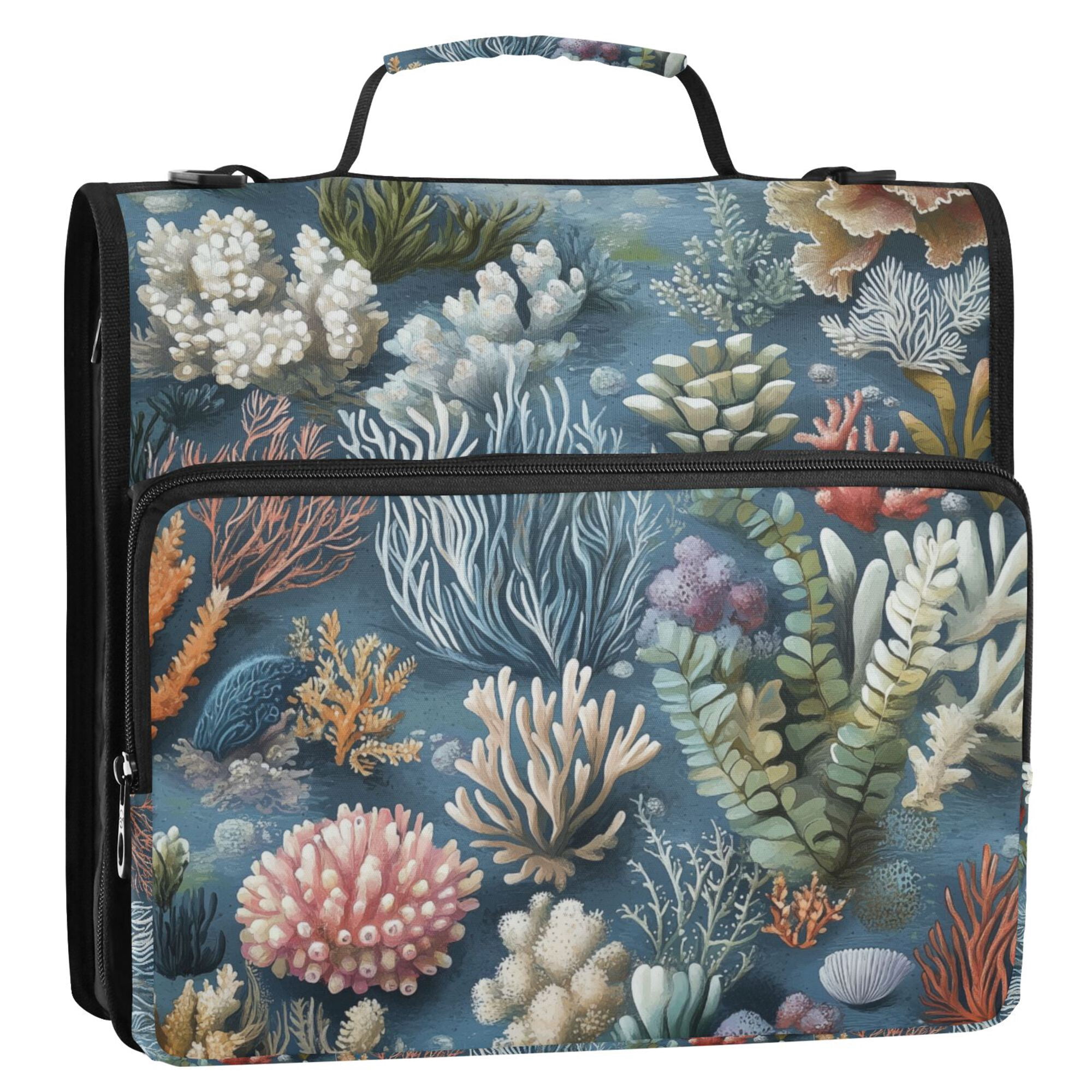 FORMRS Zipper Binder with Shoulder Strap 2-inch Ring 500 Sheet Capacity File Bag, Sea Plants Pattern