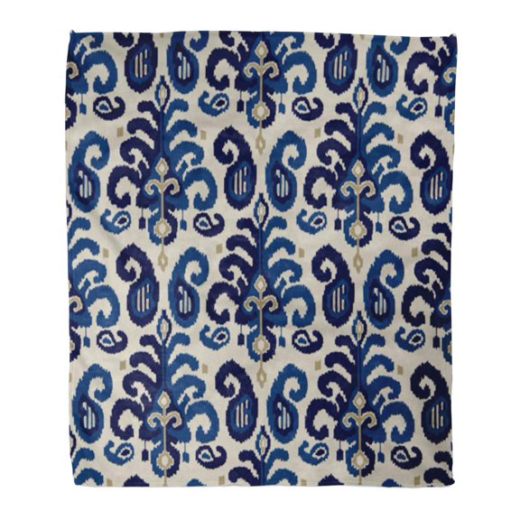 SIDONKU Flannel Throw Blanket Pickles Ikat Paisley Pattern Traditional Oriental Ethnic Indigo Cobalt Soft for Bed Sofa and Couch 50x60 Inches