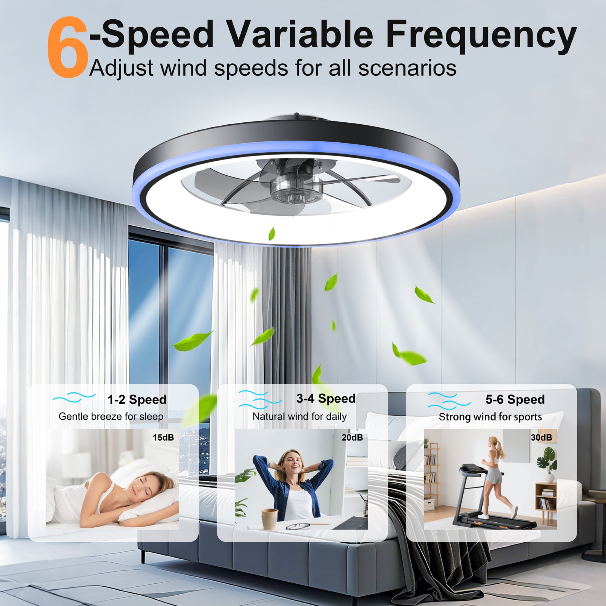 Leumius 23.6" Modern RGB Ceiling Fan with Lights, Flush Mount Low Profile Fan with Remote & APP, 6-Speed Reversible Silent DC Motor, Dimmable 3000-6500K LED for Bedroom Living Room Black
