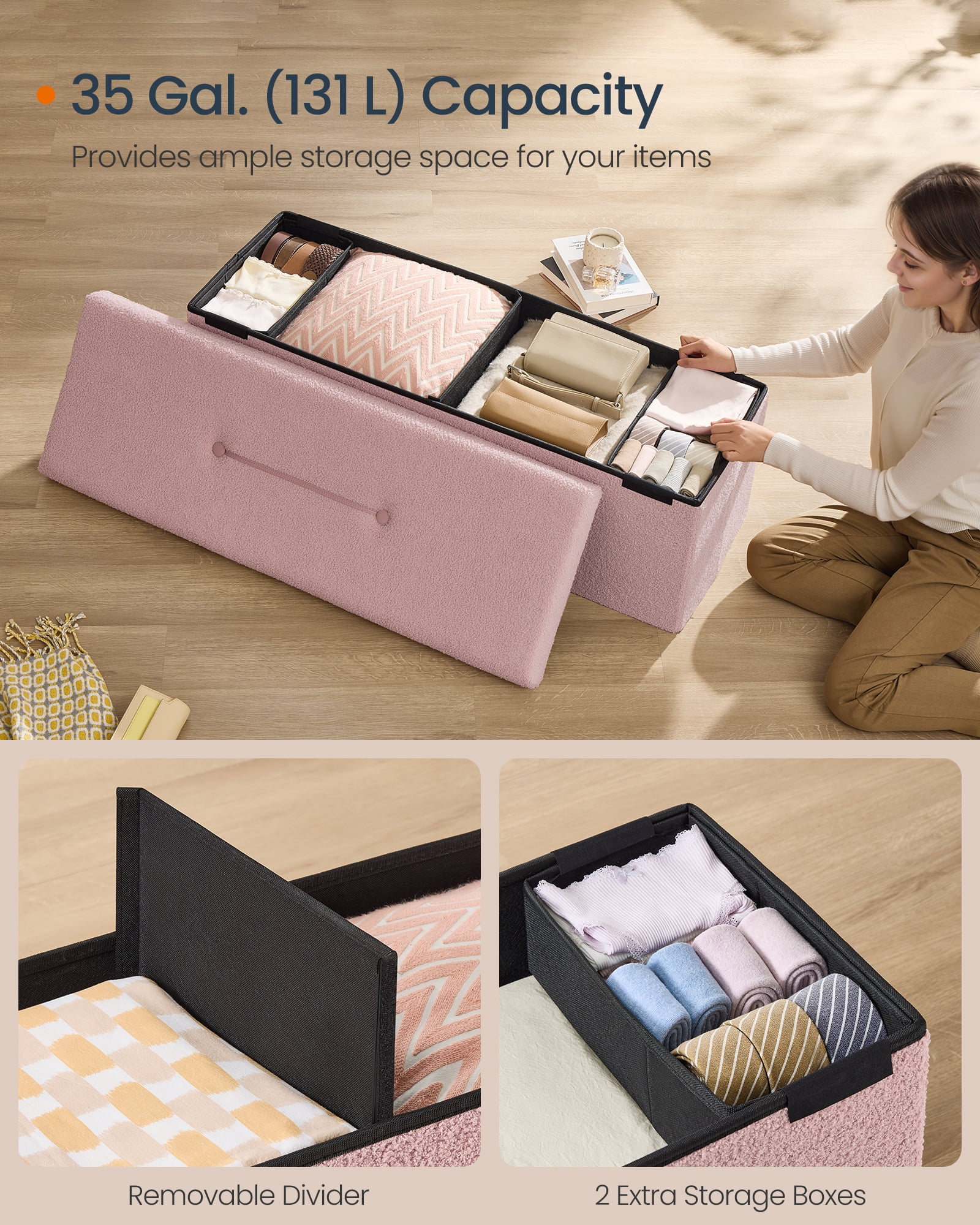 SONGMICS HOME 43" Storage Ottoman Bench Folding Ottoman with Storage Load up to 660 lb for Living Room Bedroom Jelly Pink