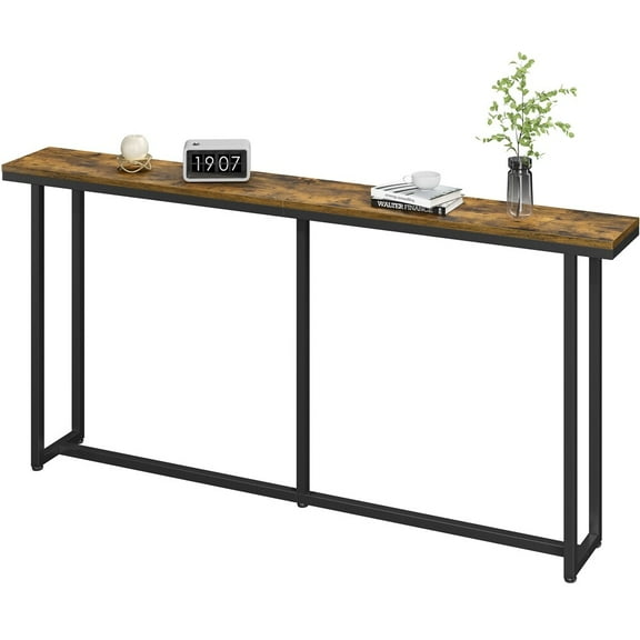 RTRWDC Rustic Brown Narrow Console Table - 63" Waterproof Scratch-Resistant Top, Matte Black Metal Frame, Wall Anchors, 44lb Capacity, for Entryway/Hallway/Living Room