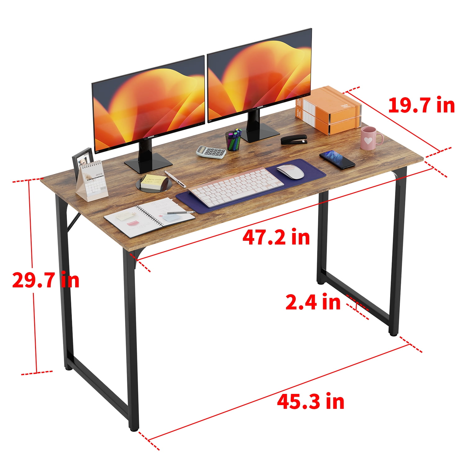 PayLessHere 47 Inch Computer/Office Desk with Metal Frame Adjustable Foot Pads Set of 2,Brown