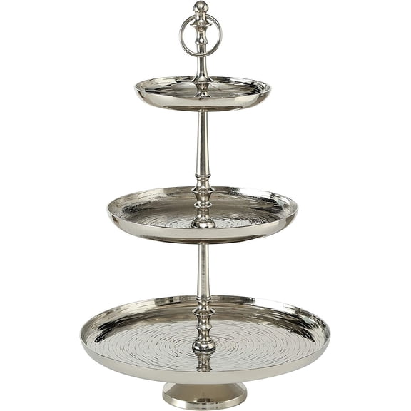 WHW Grand Hotel Cake Stand, 3 Tiers, Polished Silver Aluminum, Luxurious Style, Pedestal Base, Over 1.5 feet T