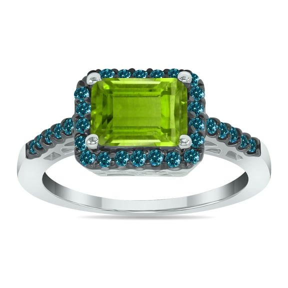 SZUL Women's 2 1/2 Carat Emerald Cut Peridot and 1/3 CTW Blue Diamond Ring in 10K White Gold