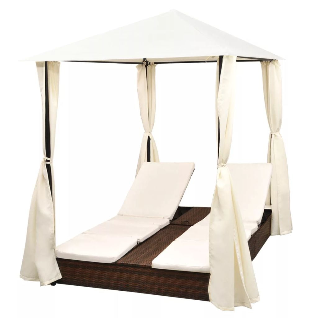 Kepooman Patio Rattan Double Sun Lounger Set with Curtains for Beach Garden, Brown Kepooman Patio Rattan Double Sun Lounger Set with Curtains for Beach Garden, Brown