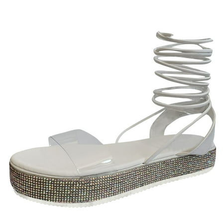 

zuwimk Womens Sandals Women s Strappy Straps Lace Up Heel Sandals White