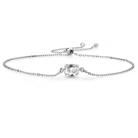 Gem Stone King 925 Sterling Silver White Created Sapphire Solitaire Bracelet for Women (1.00 Cttw, Oval Cut 7x5mm)